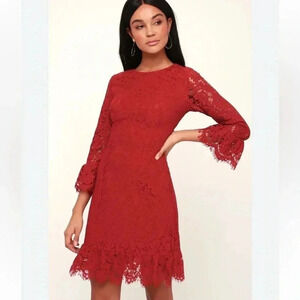 Lulu's Red Floral Lace Dress Bell Sleeve Sheath